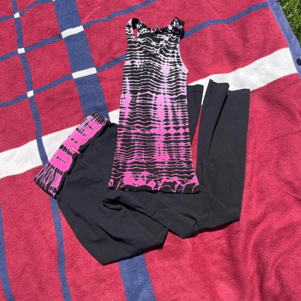 Hard Tail Forever tie dye set black pink foldover yoga pants tank flare S